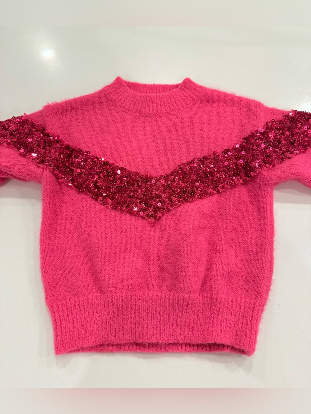 SHEIN Hot Pink Sequin Chevron Crew Sweater
